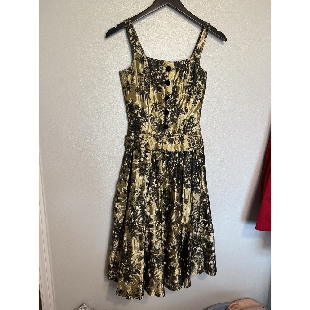 Vintage 1950s London Town Midi Dress Patterned Velvet Buttons Zip Womens England